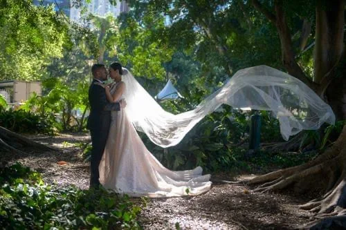 Wedding bridal party photographed in Hyde Park, Sydney by Motley Media & Digital Productions.